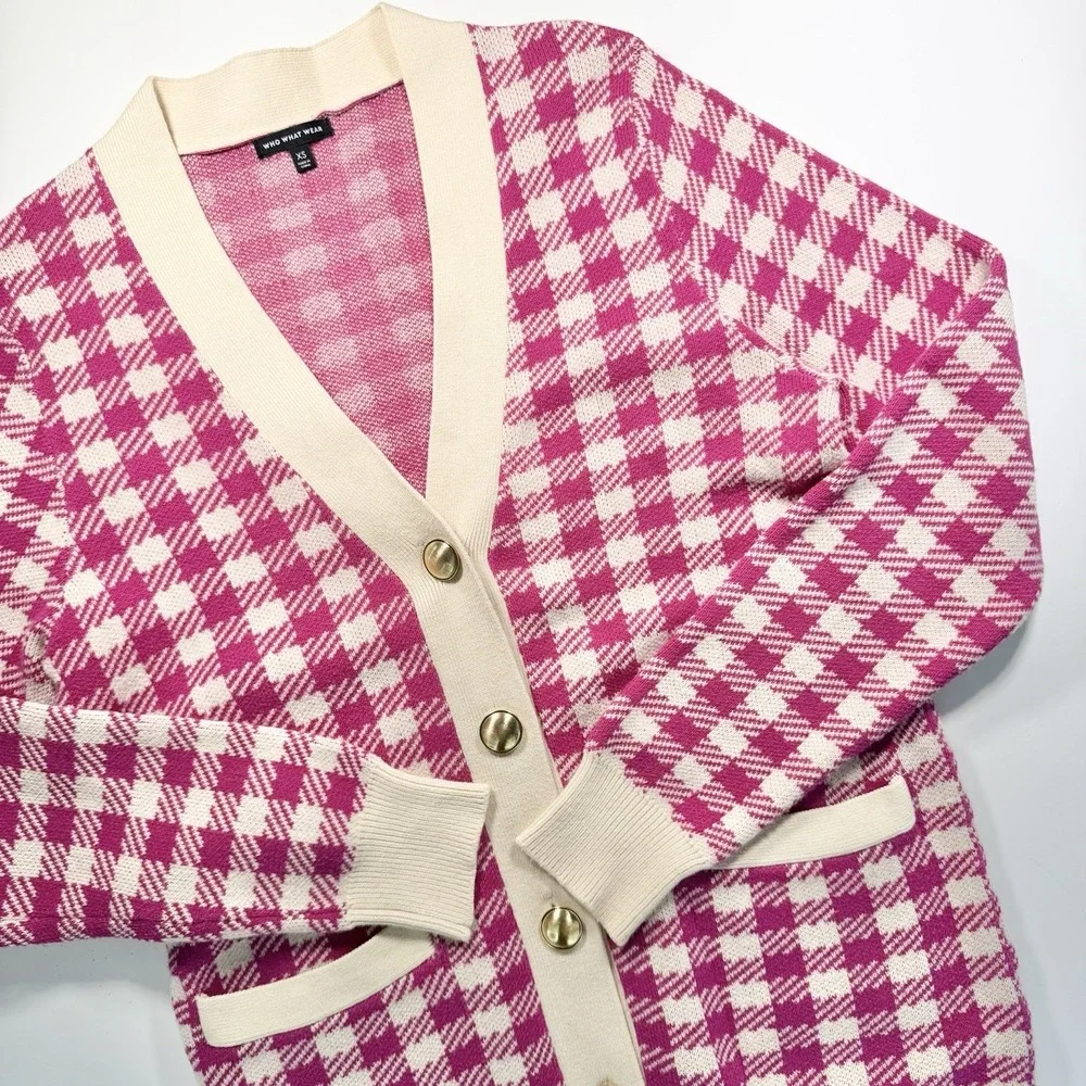 Who What Wear Women's Pink & Ivory Checked Cardigan Sweater XS Classic Old Money - Picture 2 of 10